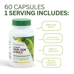 Hair close-up with Youngevity capsules suggests support for polished strands.