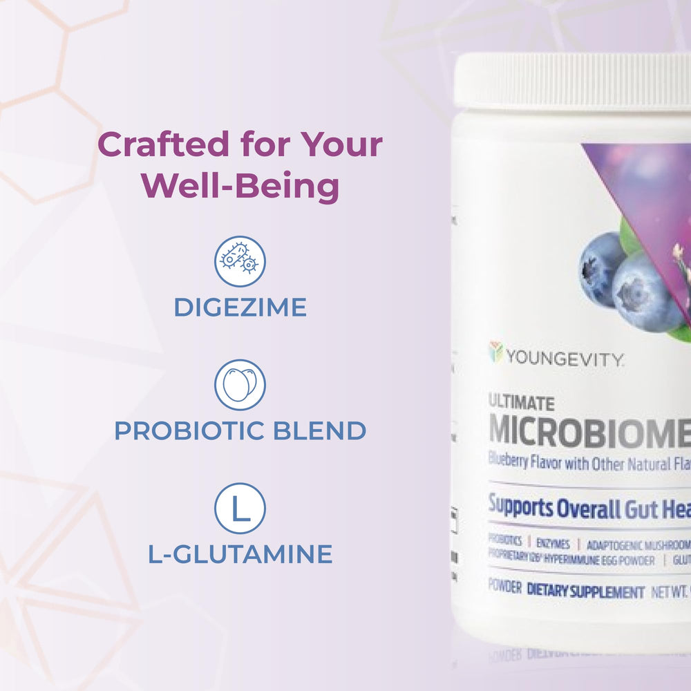 Youngevity Ultimate Microbiome pour-ready tub ideal for daily routine.