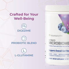 Youngevity Ultimate Microbiome pour-ready tub ideal for daily routine.