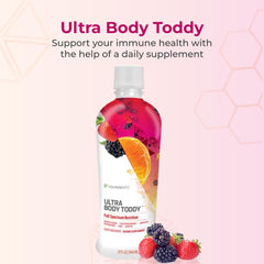 Pouring Ultra Body Toddy into a glass for an easy daily routine.