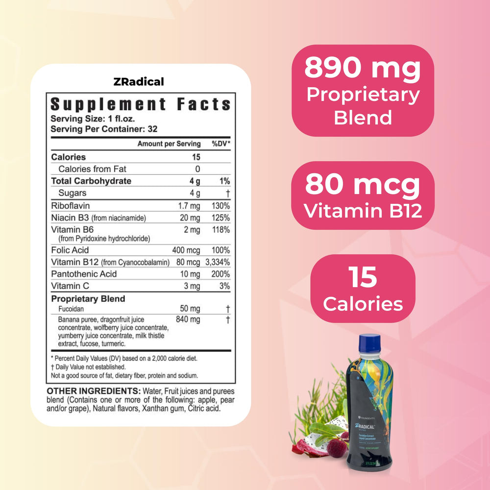 Youngevity ZRadical bottle close-up featuring organic fucoidan and vibrant packaging.