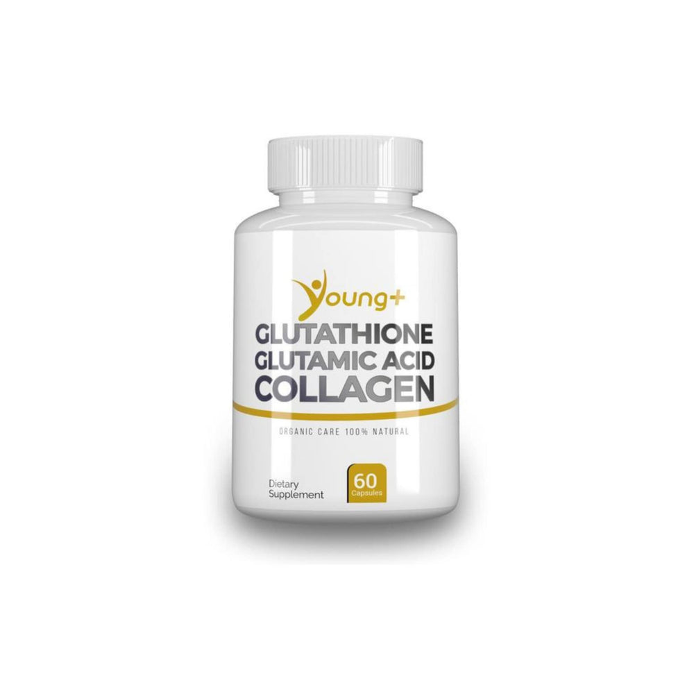 Young Plus glutathione bottle with capsules highlighting antioxidant support.