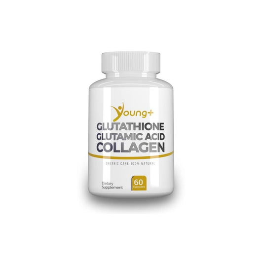 Young Plus glutathione bottle with capsules highlighting antioxidant support.