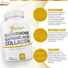 Young Plus ingredient label highlights glutathione, collagen, and glutamic acid.