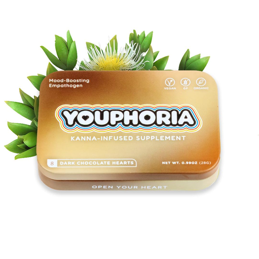 Youphoria Dark Chocolate Hearts packaging highlights organic mood support for calm moments.