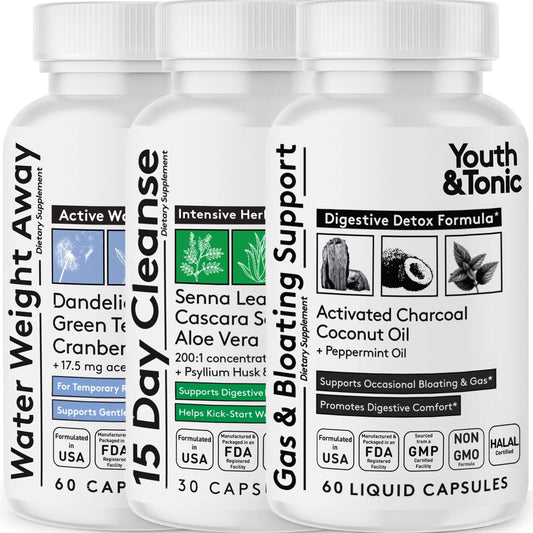 Youth & Tonic Belly Bloating Relief bottle showing capsules for gas relief