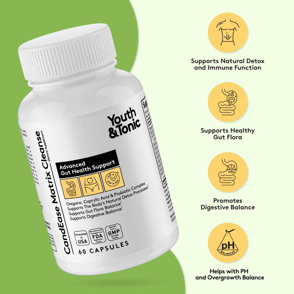 CandEase caprylic acid detail suggesting gut acidity balance support.