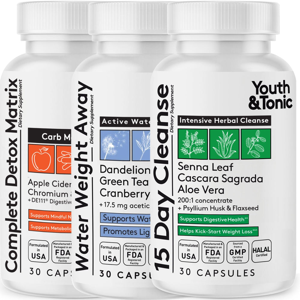 Youth and Tonic 3PK detox cleanse pack bottle on shelf for kick-off support.