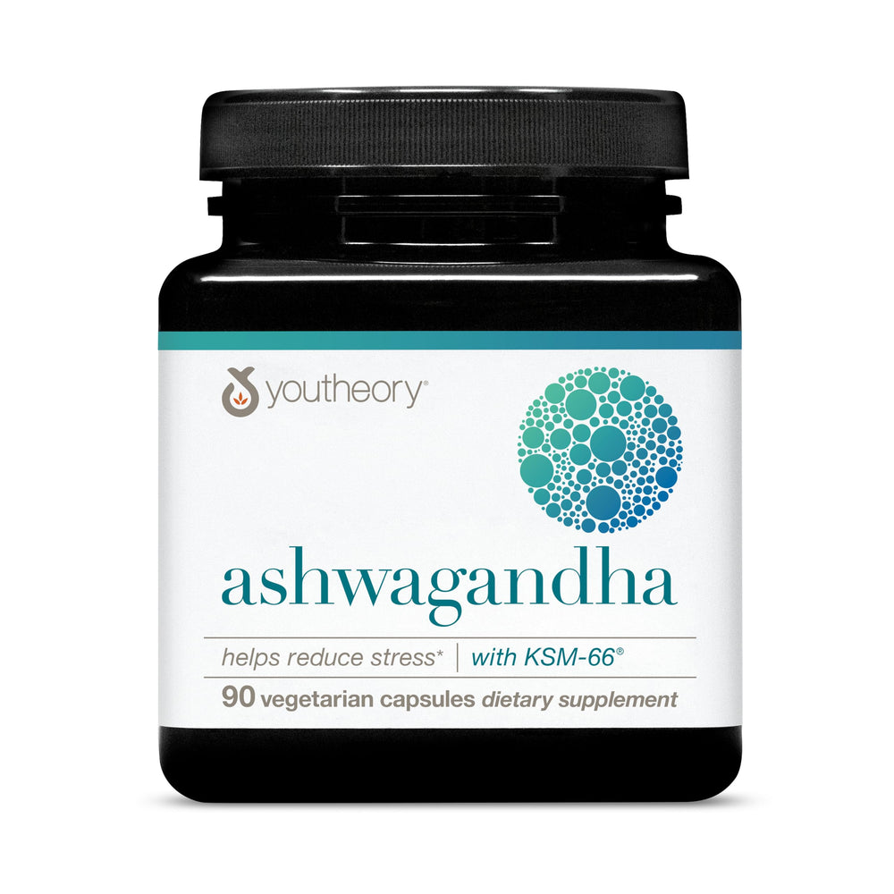Youtheory Ashwagandha bottle on white background for daily stress support.