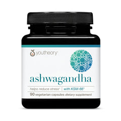 Youtheory Ashwagandha bottle on white background for daily stress support.