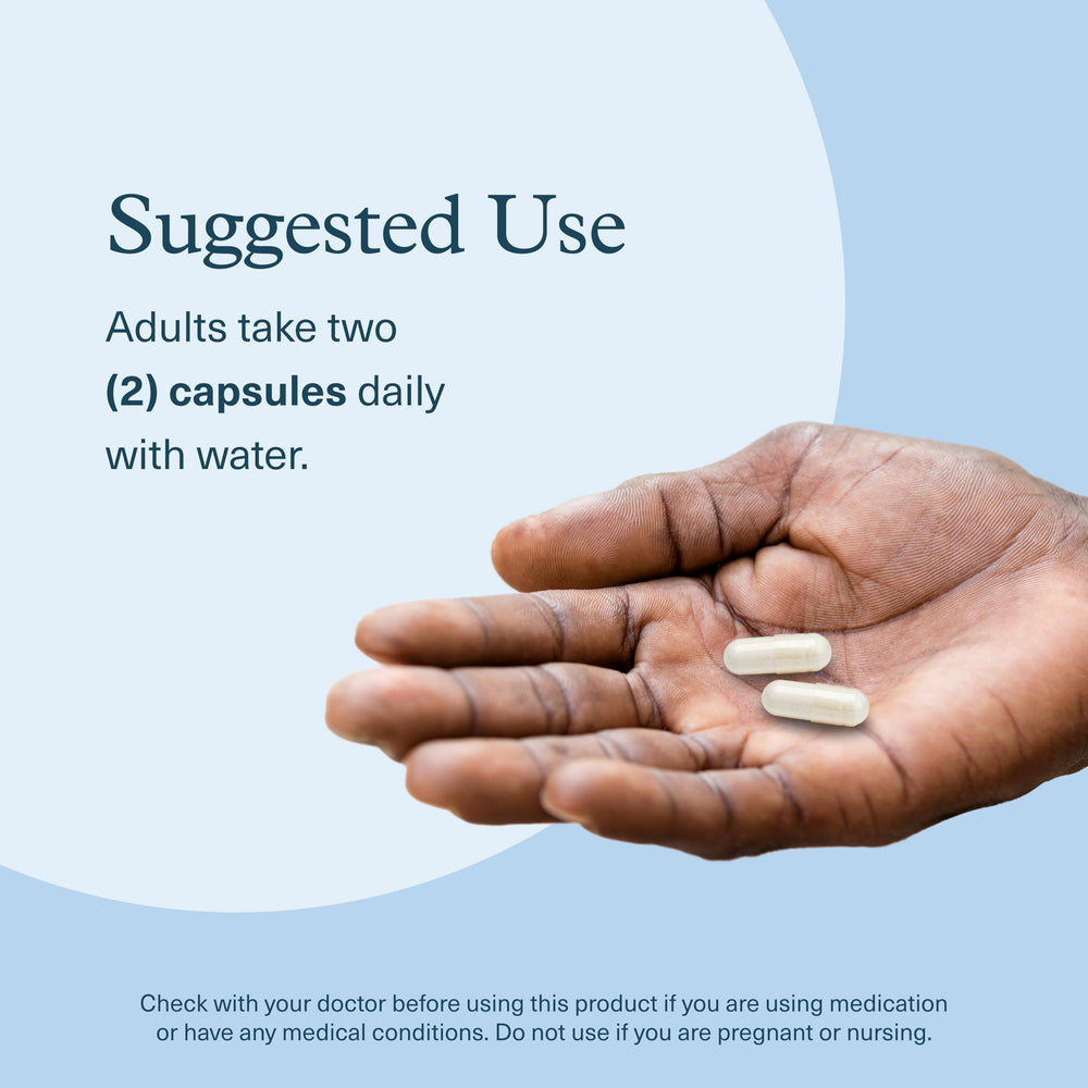 Product label showing dosage and 90 capsules in the bottle for a 45-day supply.
