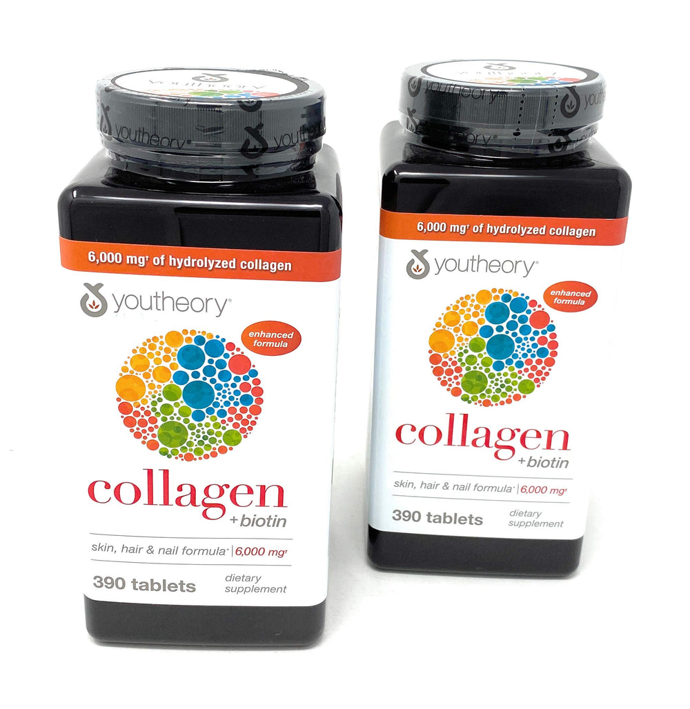 Youtheory Collagen Advanced Formula bottle back label with vitamin C and biotin information.