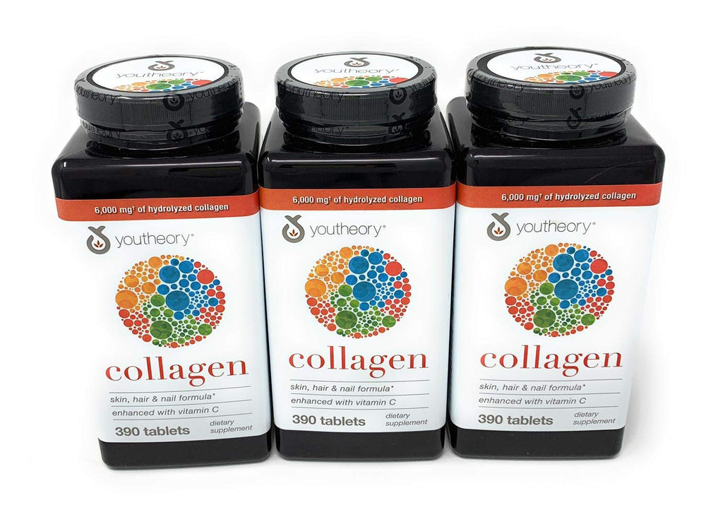 Youtheory Collagen Advanced Formula bottle showing daily tablet format for skin and joint support.