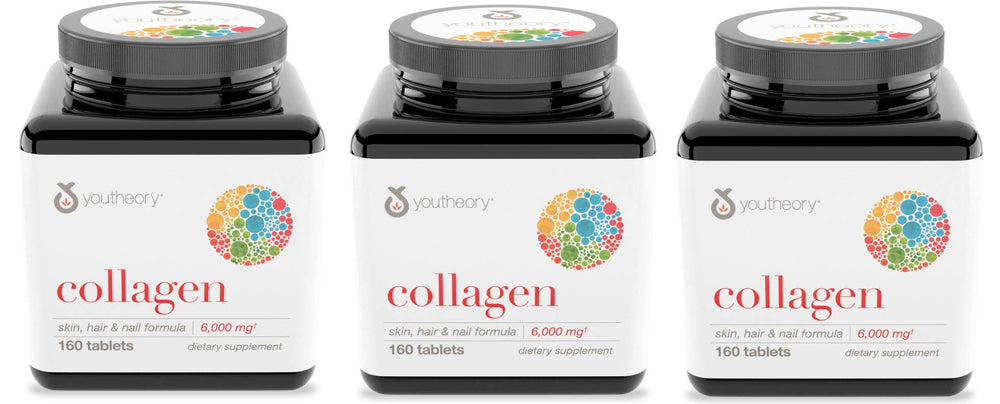 Youtheory Collagen Advanced Formula bottle with 160 tablets for skin, hair, and joints support
