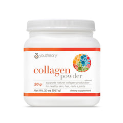 Youtheory collagen powder tub front view; convenient daily wellness supplement