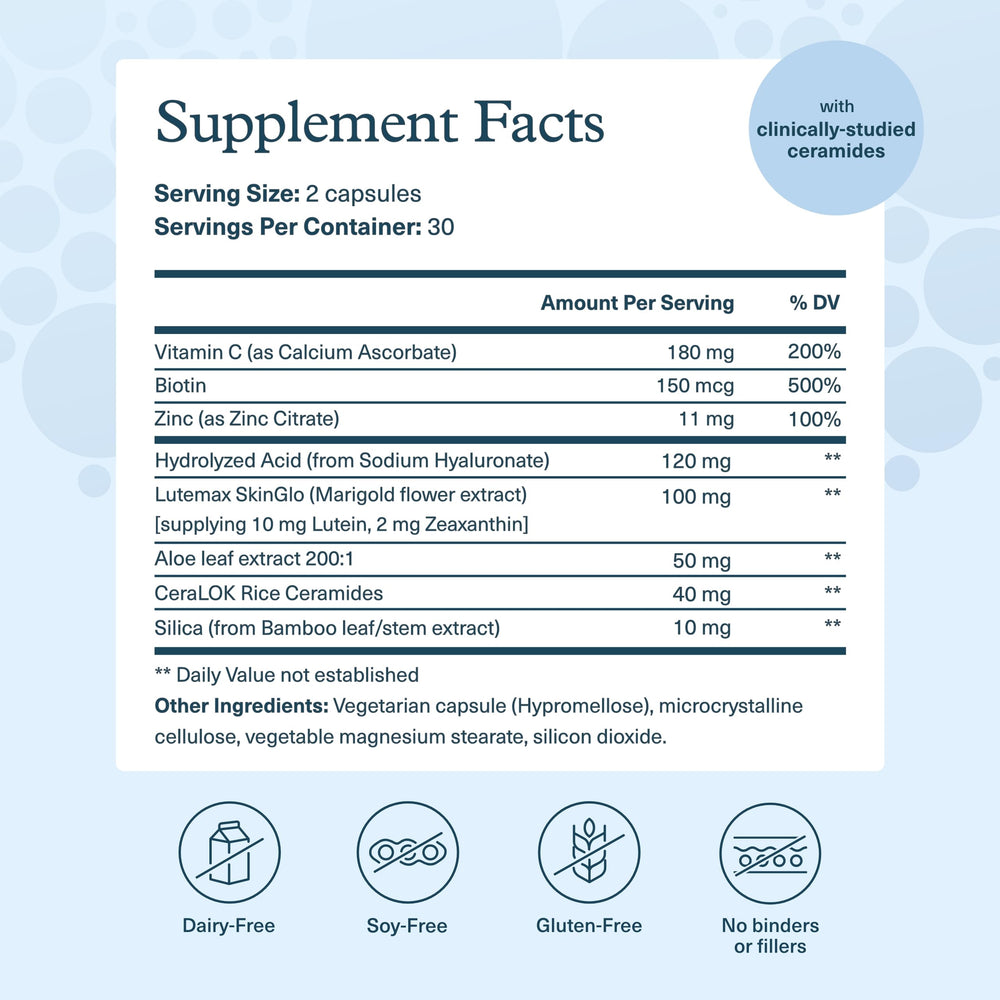 Youtheory Hyaluronic Plus label closeup featuring ceramides and vitamin C for skin support.