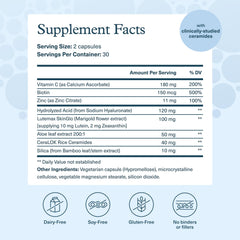 Youtheory Hyaluronic Plus label closeup featuring ceramides and vitamin C for skin support.