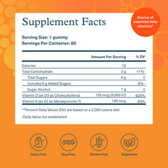 Back of Youtheory K2D3 Zero Sugar Gummy bottle with ingredients and facts for daily use