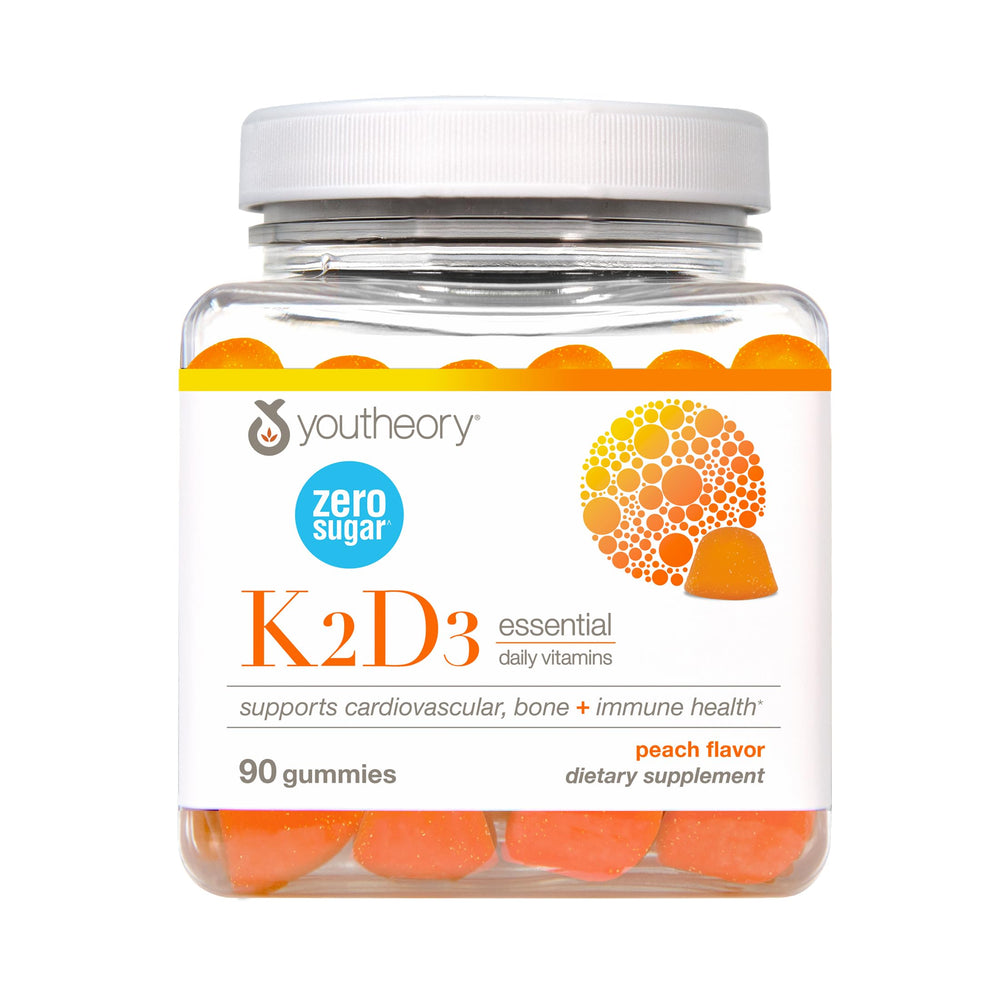 Youtheory K2D3 Zero Sugar Gummy bottle front shows sugar-free calcium support for daily wellness