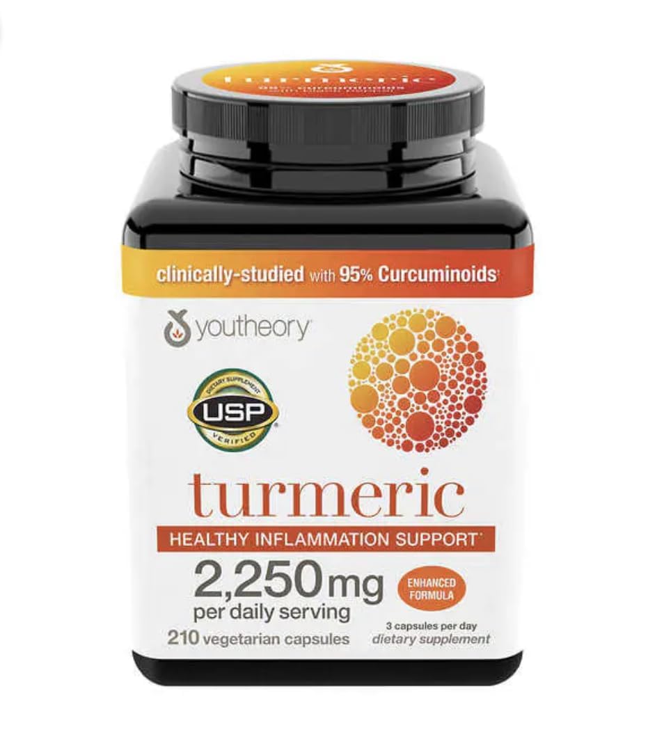 Youtheory Turmeric Enhanced Formula bottle showing 2250 mg turmeric with BioPerine for absorption