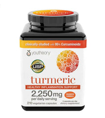 Youtheory Turmeric Enhanced Formula bottle showing 2250 mg turmeric with BioPerine for absorption