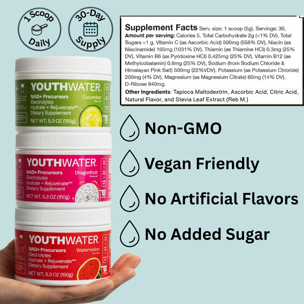 Scoop of YOUTHWATER NAD+ powder dissolving smoothly in water with no chalky aftertaste