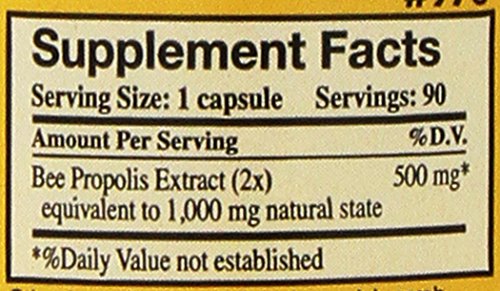 Close-up of capsules: 1000mg propolis from YS Organic Bee Farms for daily use