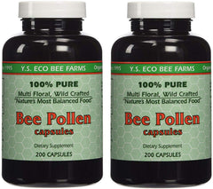 YS Organics Bee Pollen bottle with capsules for daily energy support.