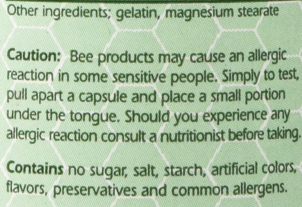 Close-up of YS Organics Bee Pollen capsules; gluten-free and vegetarian safe.