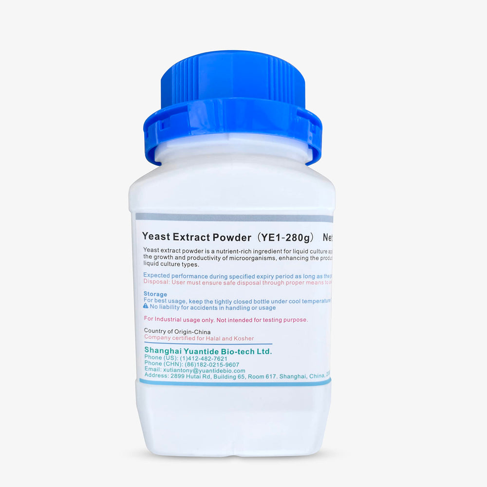Yuantide Yeast Extract YC01 powder bottle supporting microbial culture growth.