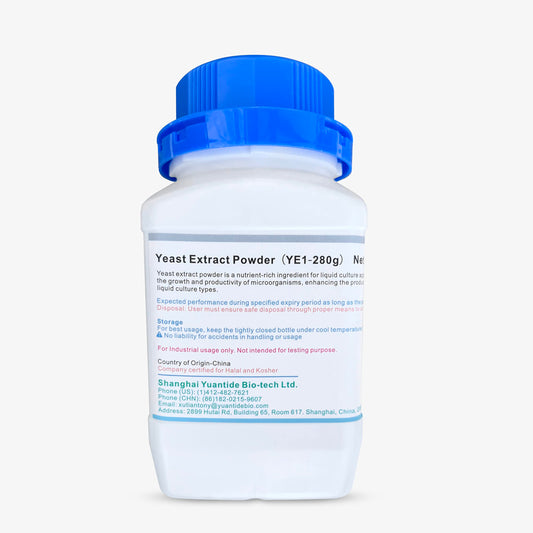 Yuantide Yeast Extract YC01 powder bottle supporting microbial culture growth.