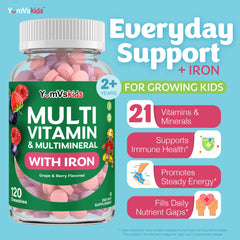 YUM-V'S bottle side view emphasizing kid-friendly iron chewables.