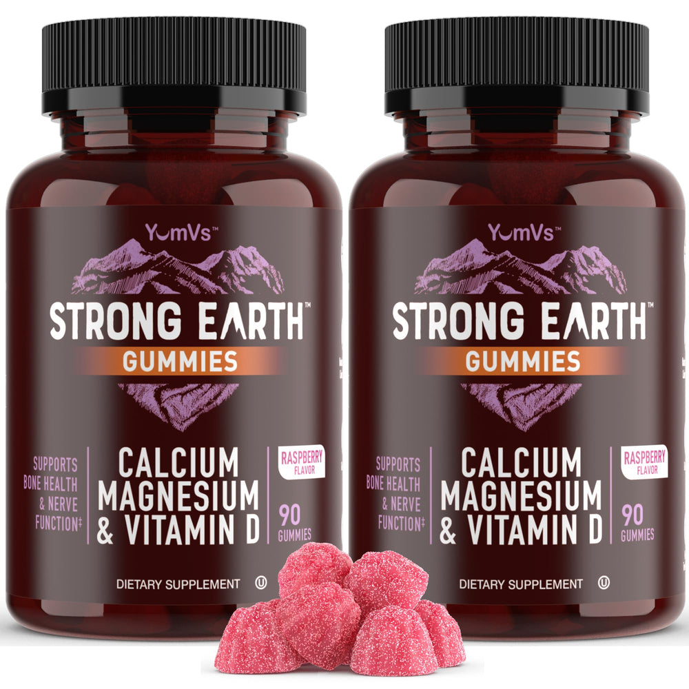 YUM-V'S Strong Earth bottle with calcium, magnesium and vitamin D3 gummies for bone support.