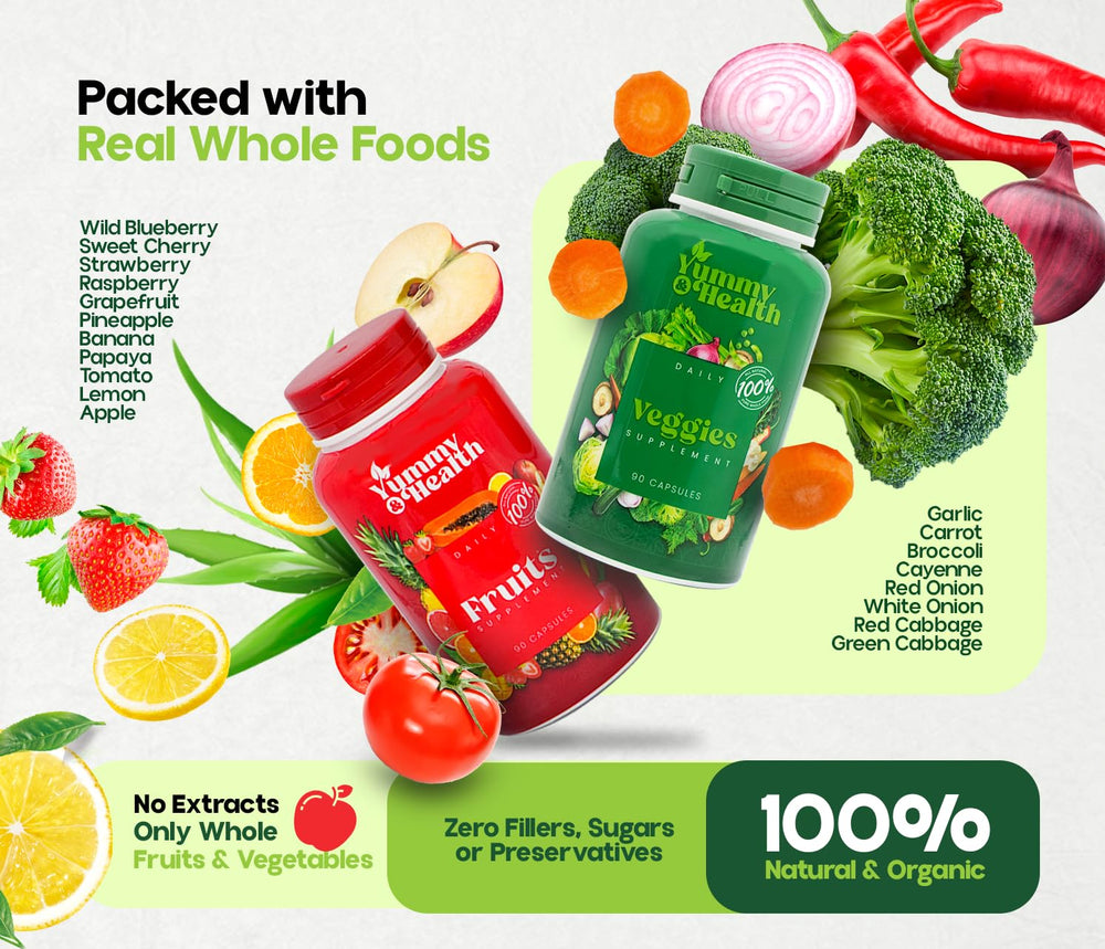 Colorful real fruit and vegetable ingredients behind Yummy and Health capsules.