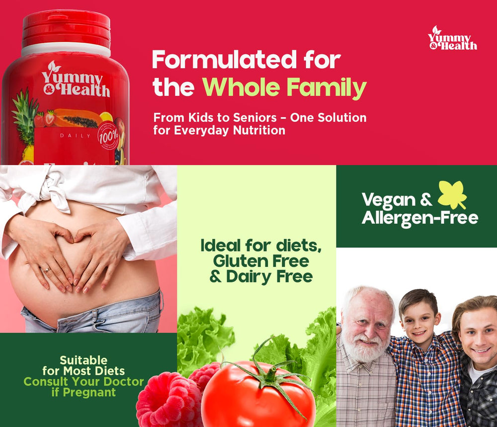 Kid friendly daily supplement idea with Yummy and Health capsules.