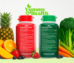Assorted fruits and vegetables visuals behind Yummy and Health capsules.