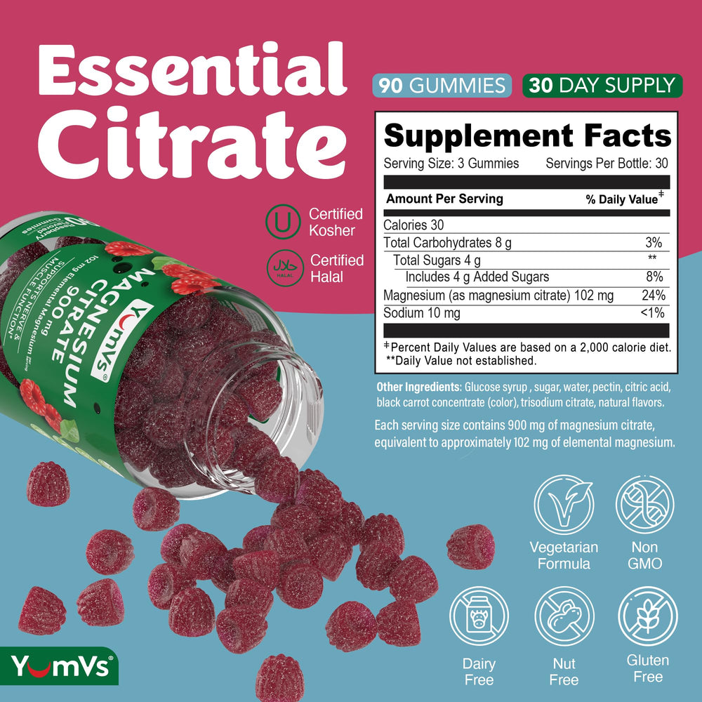 YUM-V'S label highlights 102 mg elemental magnesium per serving.