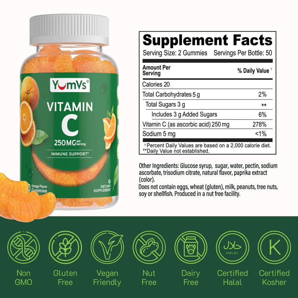 YumVs Vitamin C Gummies close-up texture suggests chewable, pleasant consistency