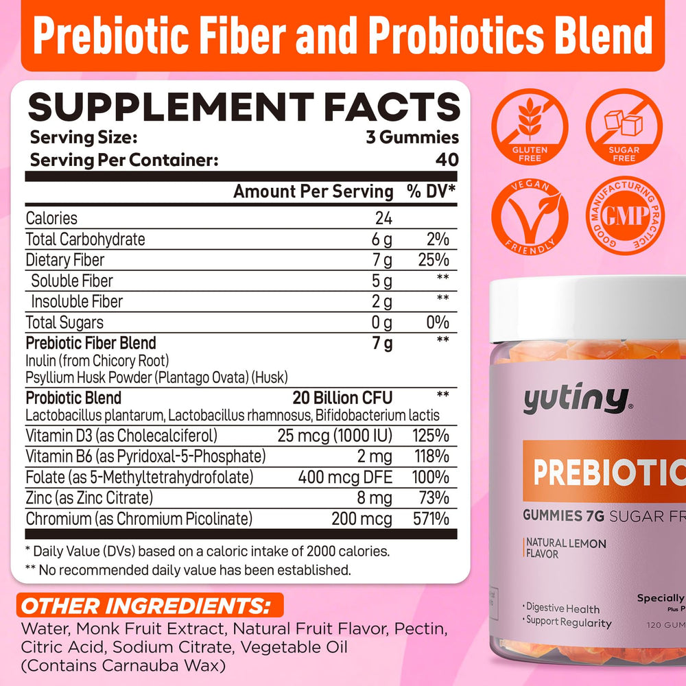 Yutiny fiber gummies bottle with label showcases probiotic blend for gut balance.