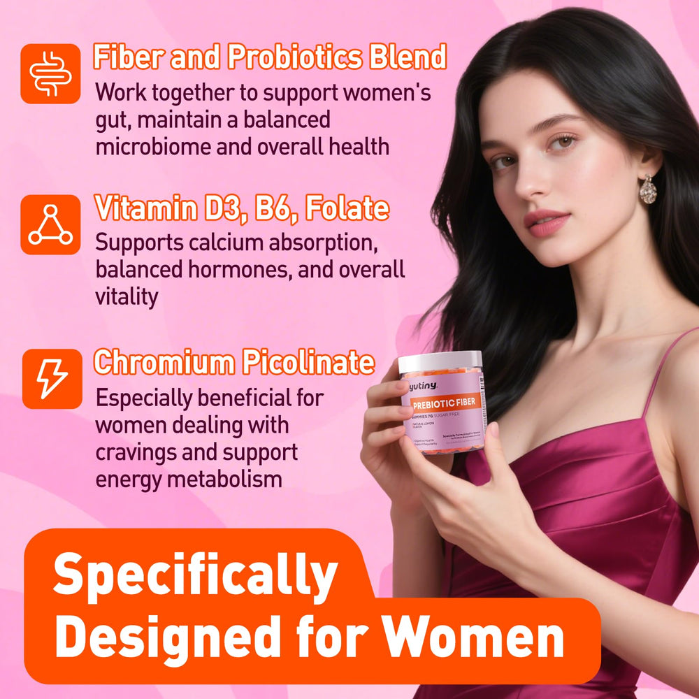 Yutiny Fiber Gummies bottle label emphasizes 20B CFU probiotics for digestive wellness.