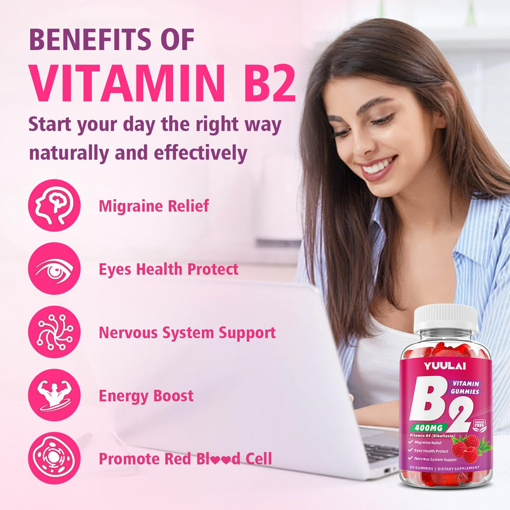 YUULAI B2 Gummies ingredient label highlights magnesium glycinate and vegan ingredients.
