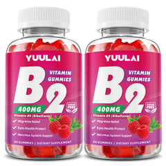 YUULAI Vitamin B2 Gummies bottle in raspberry flavor for daily energy support.