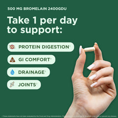Yuve Bromelain 500mg bottle back shows ingredients and vegan, non-GMO profile.