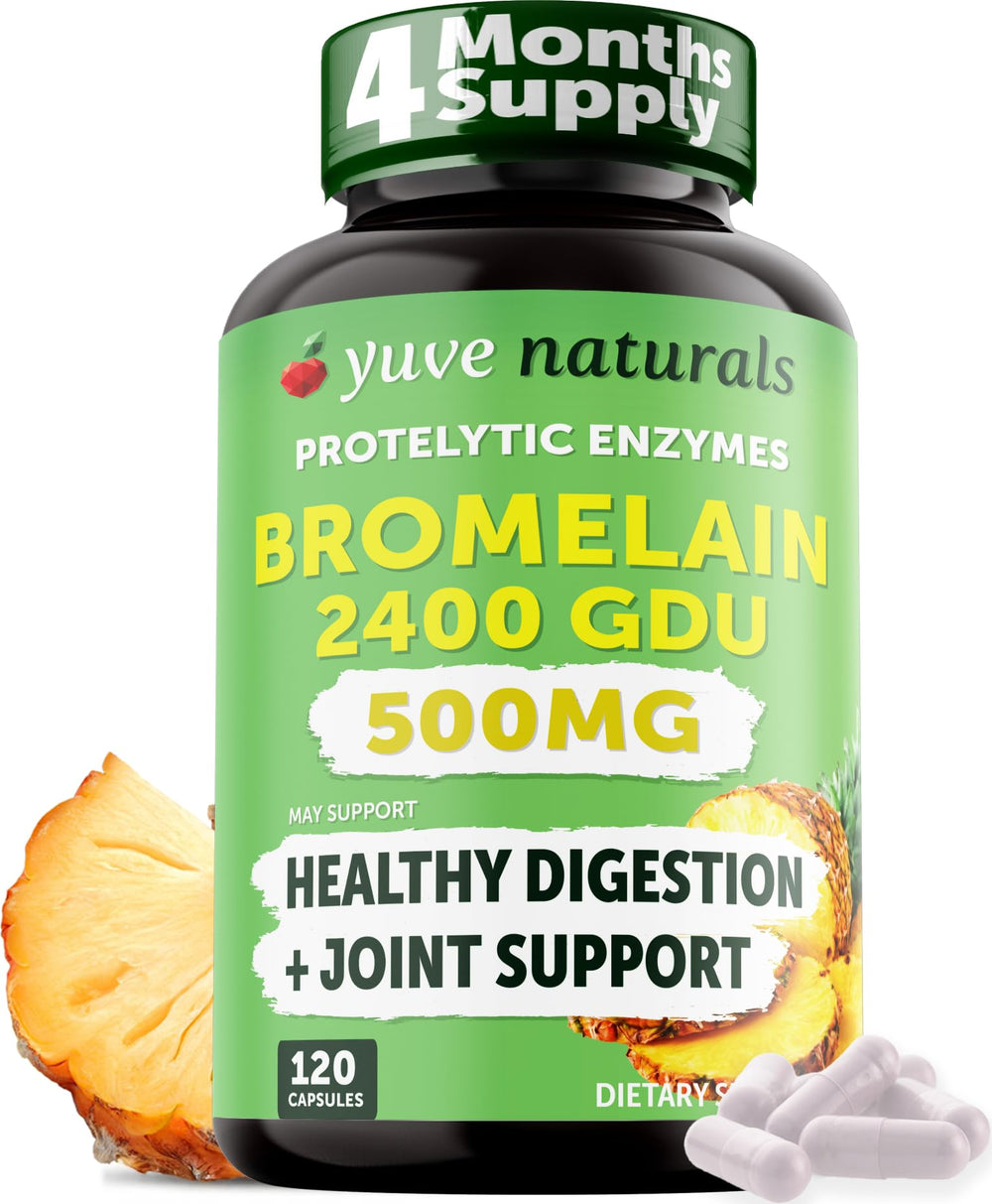Yuve Bromelain 500mg bottle front highlights potency for digestive support.
