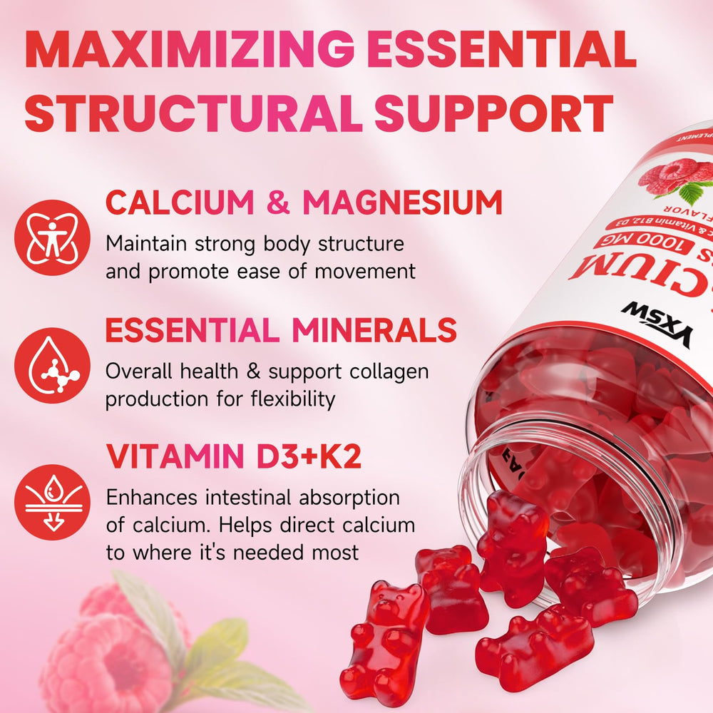 YXSW Calcium Gummies bottle mockup emphasizing sugar-free formula.