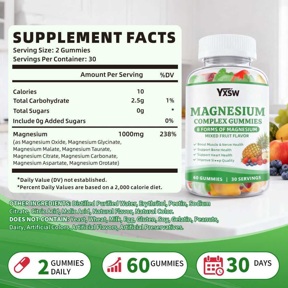 YXSW Magnesium Complex Gummies bottle back highlights nutrition facts for informed dosing