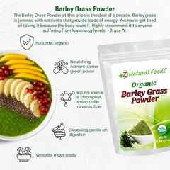 Z Natural Foods Barley Grass Powder in a glass of juice showing convenient mix