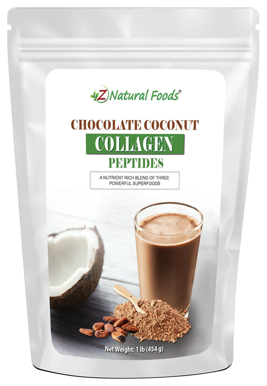 Z Natural Foods chocolate coconut collagen packaging on kitchen counter, premium protein source