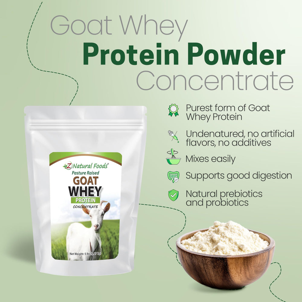 Scoop of Z Natural Foods goat whey powder for a protein-rich drink
