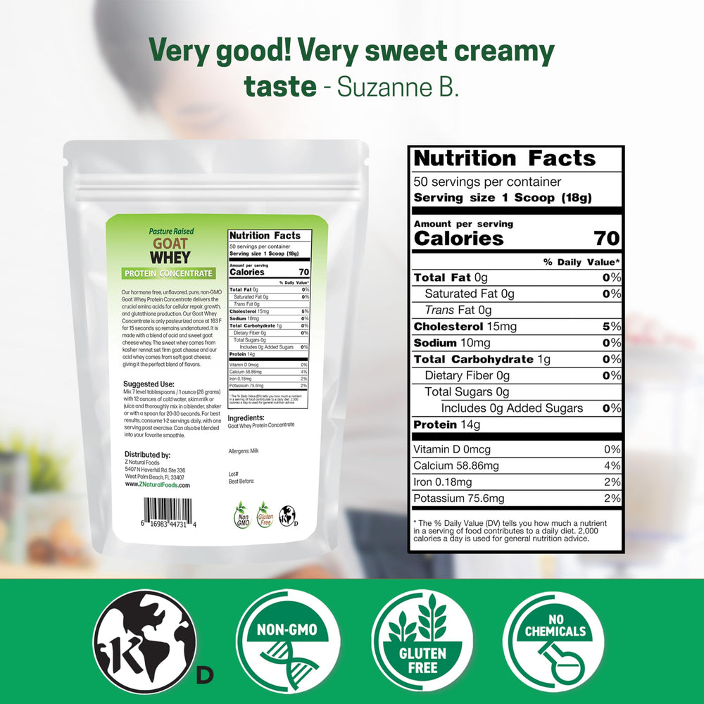 Z Natural Foods Goat Whey Powder scoop demonstrates convenient daily protein supplementation.